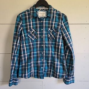 Aeropostale Women's Plaid Cotton Flannel Button-Up Shirt L Blue Green White Navy
